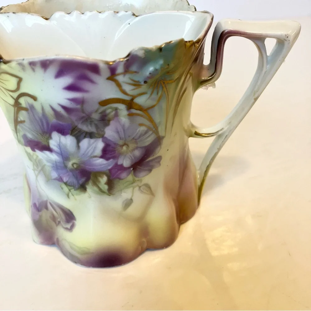 VTG Lavender Floral Hand-Painted‎ Porcelain Mustache Mug Cup Collectible